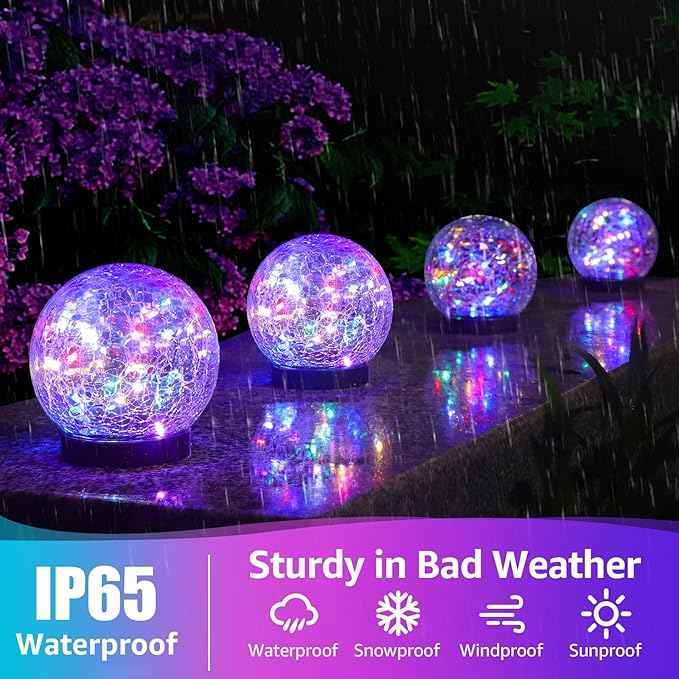 2-Pack Garden Solar Lights Outdoor, Colored Cracked Glass Ball Light Waterproof, Decorative Solar Powered Globe Lighting Multicolor for Yard
