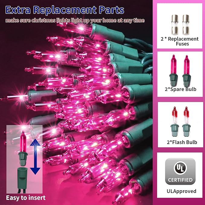 Ultra-Bright Connects End to End Pink Christmas Mini Lights 100L 19.6Ft UL Listed Incandescent Bulb String Light Set for Indoor Outdoor Holiday Garden Party Christmas Tree Garland Decor