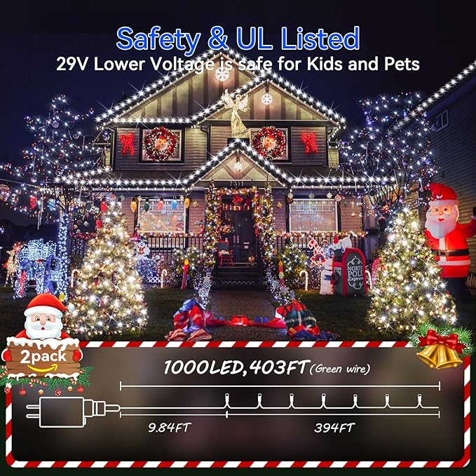 Hezbjiti 2 Pack 1000 LED 403 FT Christmas String Lights Outdoor, 8 Lighting Modes IP44 Waterproof Fairy Lights with Timer and Dimmable Function for Party Tree Decorations (Cold White, Green Wire)