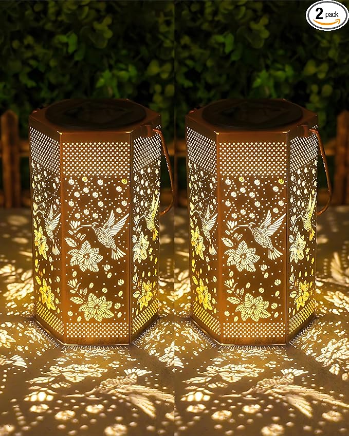 2 Pack Hummingbird Solar Lanterns Garden Decor - Birthday Gifts for Women Mom Grandma, Solar Lantern Outdoor Waterproof Hanging Solar Lights Outside for Yard, Patio, Lawn, Yard, Outdoor