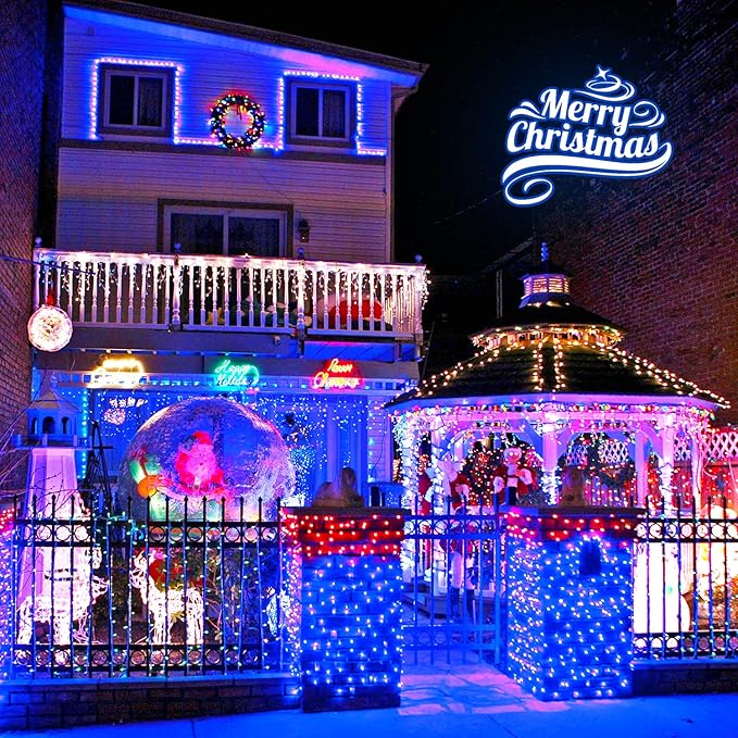 2 Pack Solar Christmas Lights Outdoor Waterproof, 75.5 ft 200 LED Solar Powered Blue String Lights,8 Modes Solar Christmas Lights for Garden Yard Patio Tree Party Xmas Decoration