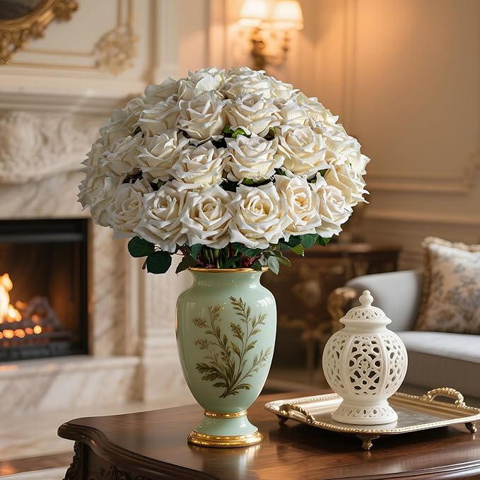 Fake Roses Faux Flowers Silk Roses 36PCS Artificial Roses with Stems Realistic Artificial Flowers Suitable for Indoor Home Decoration DIY Bouquet Wedding Decor Party Decor 16.5In (White)