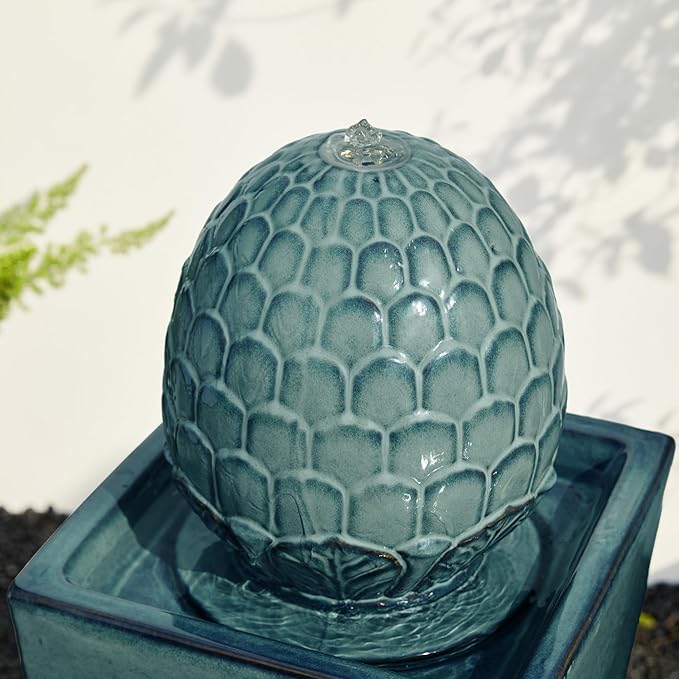 Glitzhome Ceramic Outdoor Water Fountain with LED Light, Oversized Artichoke Pedestal Water Fountains with Submersible Pump, Patio Fountain Waterfall for Garden Patio Deck Porch, Turquoise, 35.75" H