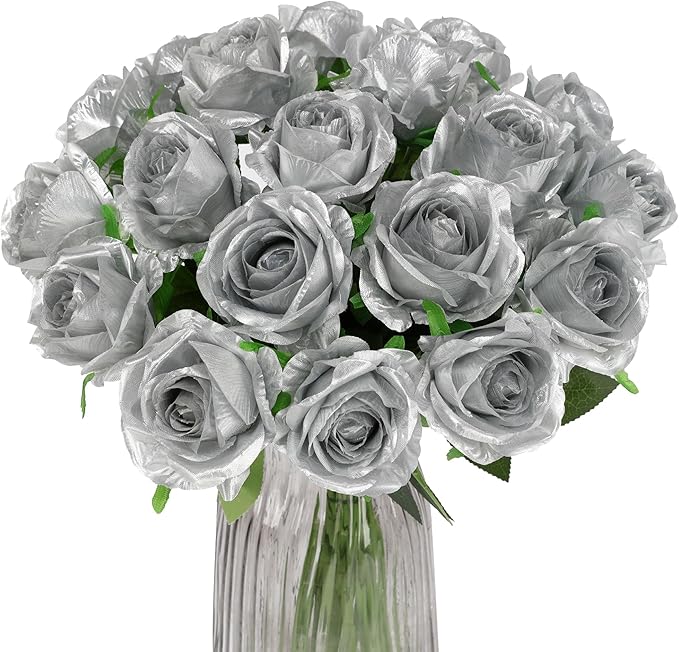 Silver Fake Roses Artificial Flowers - 10 Pcs Fake Artificial Roses Silk Flowers with Stems for Home Wedding Hotel Office Centerpiece Decor