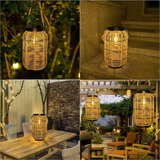 Solar Lantern Outdoor Hanging Lights, Large Solar Rattan Lantern Outdoor Waterproof with Twine Handle, Bright Outdoor Lanterns with Edison Bulb for Garden Patio Yard Tabletop Decoration