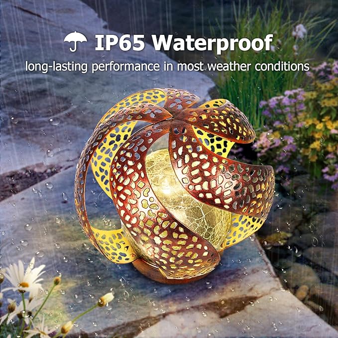 Solar Lights Outdoor - Ramadan Solar Lights for Outside Garden Decor, Hollow Solar Lights with Glass Globe, Solar Lantern Gardening Gifts for Women, Mom, Pathway, Balcony, Tabletop Decoration