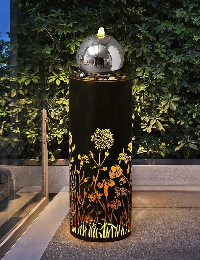 31.5” H Water Fountain Outdoor Garden Waterfall Fountains Indoor Outdoor Fountains and Waterfalls Modern Water Feature with Led Lights 2-Tier for Home Deck Porch Patio Backyard Decor