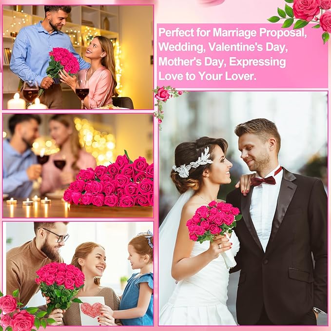 36 Pcs Hot Pink Artificial Roses with Long Stems, Fake Silk Rose Artificial Flowers Bulk for Bridal Wedding Bouquet Centerpiece Ball Arrangement Party Decor