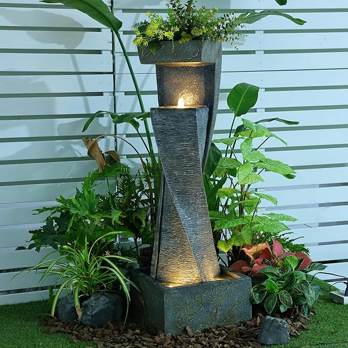 Garden Modern Outdoor Fountain, 47.2" Floor Standing Outdoor Water Fountains with Lights for Garden, Backyard, Patio, Porch, Deck and Home Art Decor
