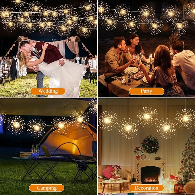5 Pack Firework String Lights Christmas Lights, 200 LED 8 Modes Hanging Starburst Lights for PartyGarden Decoration (Warm White)