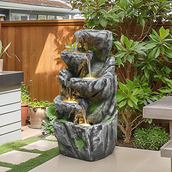 Water Fountain Outdoor 31.59" H Cascading Rock 5-Tier with LED Lights Waterfall for Garden, Landscaping, Patio, Backyard, Balconies, Lawns, Porch and Home Art Decor Living Space