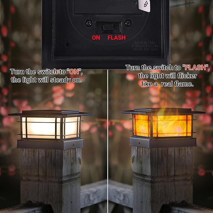 Dynaming 6 Pack Solar Flame Post Lights Outdoor, Solar Powered Fence Post Cap Lights, High Brightness Flickering Flame SMD LED Lighting Decor for Garden Deck Patio, 4x4, 5x5 or 6x6 Vinyl/Wooden Posts