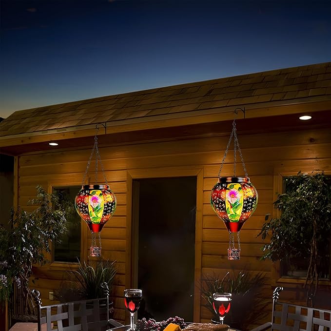Hummingbird Solar Hot Air Balloon Lantern with Flame, Hot Air Balloon Decorations for Garden Yard Porch Decor, Glass Large Hanging Outdoor Decor, Solar Lantern Waterproof, Hummingbird Gardening Gifts