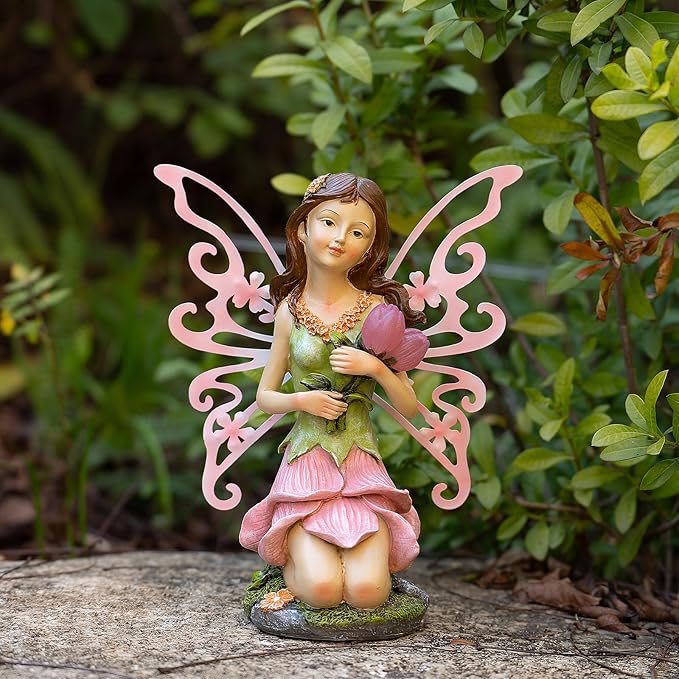 Fairy Decor, Solar Outdoor Statue, Accessories for Fairy Garden Gifts - Resin Figurine for Patio Yard Lawn, Size 8.35 x 4.92 x 10.82 inches