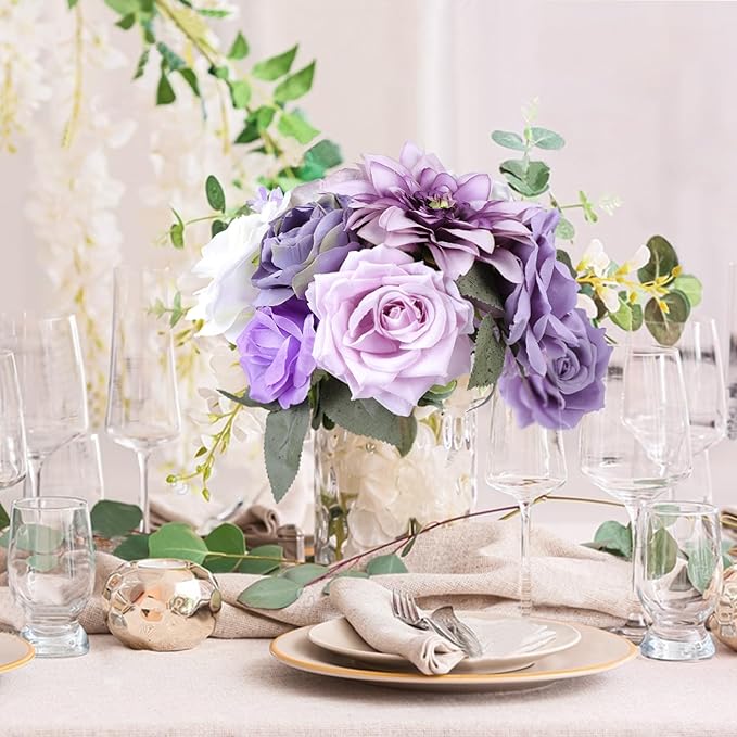 AGIRL Artificial Flowers Combo Silk Mix Purple Fake Flowers with Stems for DIY Wedding Bouquets Centerpieces Arrangements Table Chair Decor Baby Shower Home Decor