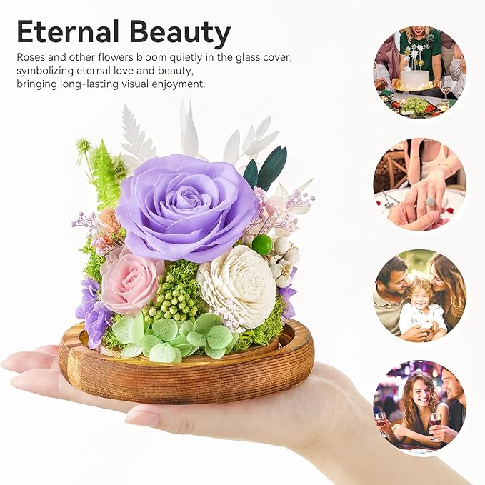 Preserved Flowers Rose Birthday Gifts for Women, Forever Flowers in Glass Ball, Long-Lasting for Mom Her Wife Grandma Anniversary Valentines (Light Purple)