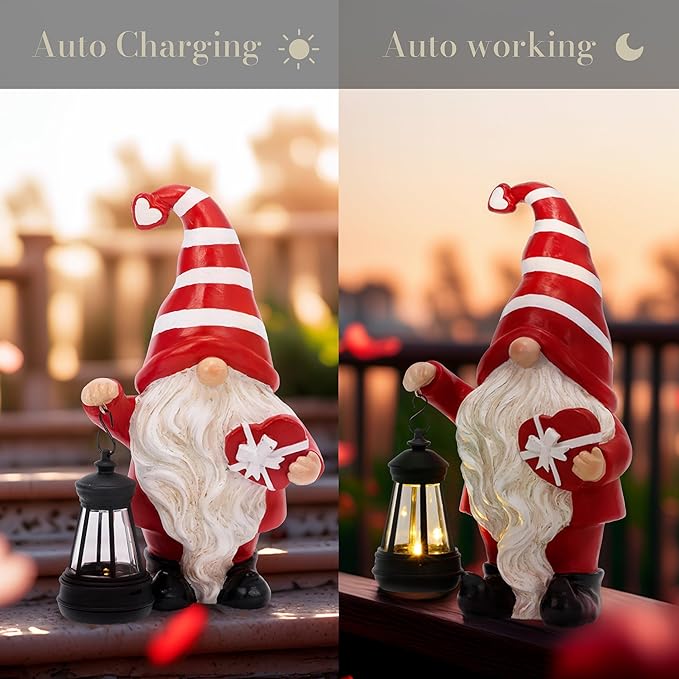 TERESA'S COLLECTIONS Christmas Valentine's Day Decorations for Outdoor Decor, Resin Garden Gnome Holding Gift & Lantern with Solar Lights Outdoor, Garden Decor for Outside Valentine Gifts, 7.87"