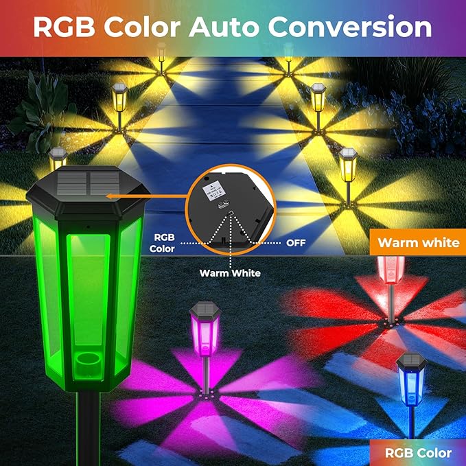 Solar Garden Decor Light, 2Pack Colorful Solar Outdoor Lights, Color Changing Solar Pathway Lights Outside Waterproof, Warm White Solar Walkway Lights for Landscape Path Yard Patio Driveway