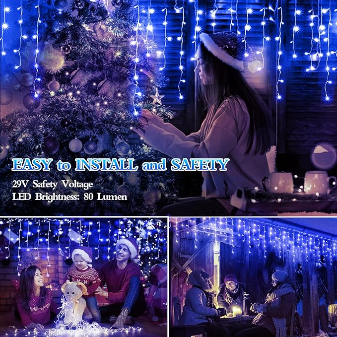 960 LED 98FT Christmas Lights Plug in 8 Modes with Timer Dimmable Christmas Decorations Outdoor Waterproof Indoor Curtain String Lights for Roof Garden Holiday Wedding Party Decor Blue