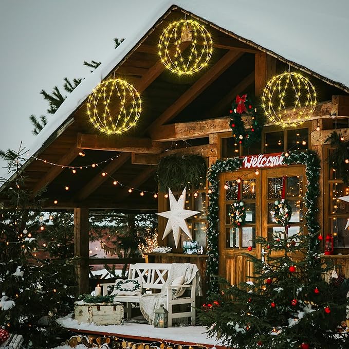 LIGHTSHARE 248LED 12IN+16IN+20IN Light Ball Yard Decoration Pathway Lights White Sphere Light Fold Flat Metal Frame Indoor Outdoor Waterproof Garden Lights, Plug in(Set of 3)