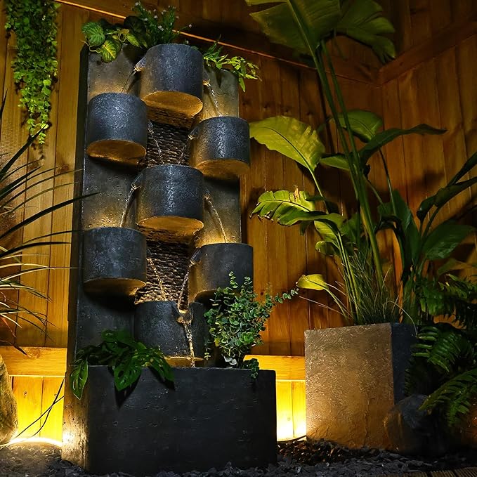 45" H Outdoor Water Fountain Garden - Large Cascading Waterfall Freestanding Fountains Water Feature with Lights for Patio Backyard Deck Porch and Home Decor, Concrete Artistry Style, Gray