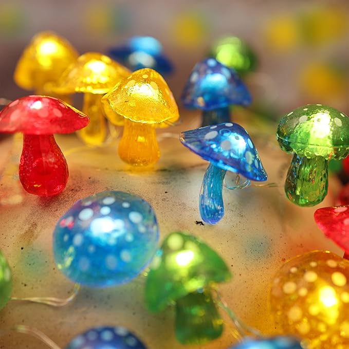 Fairy String Lights 3D Mushroom Lamp-Outdoor Waterproof Battery Operated String Lights 7ft 20 LED-Mushroom Fairy Night Lights for Garden Wreath Balcony Living Room Decor