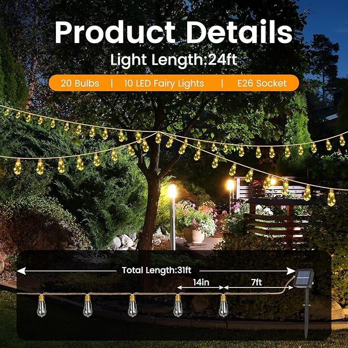 Solar Outdoor String Lights 2PCS 24FT Vintage Rope Hemp Solar Lights with 20 Shatterproof Bulbs,8 Modes Solar Powered Lights with Memory Function,Waterproof for Fence,Yard,Camping(Warm White)