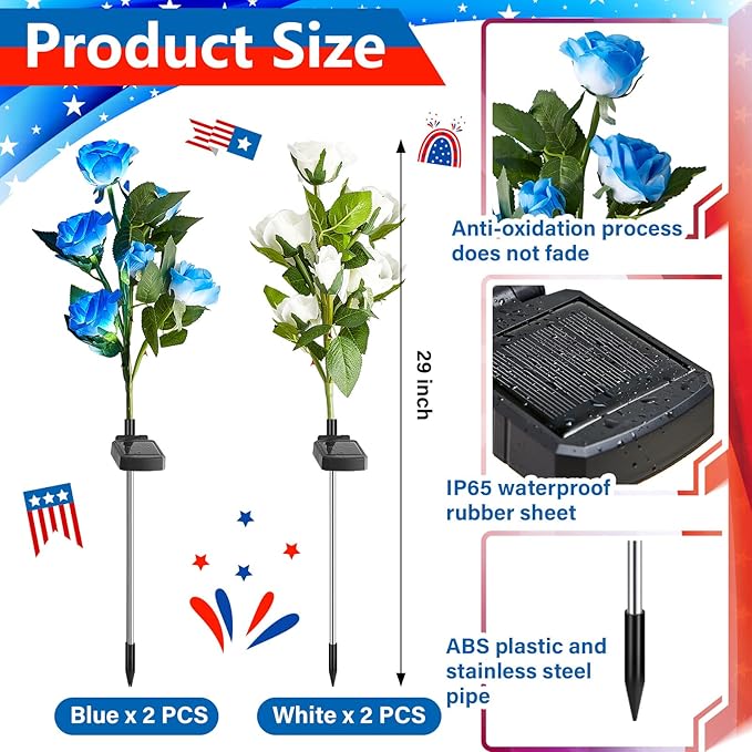 Woanger 4 Pcs Solar Flowers Cemetery Grave Decorations Outdoor LED Flower Lights with 6 Rose Powered Garden Stake Lights Waterproof for Independence Day Grave Decorations(Blue, White)