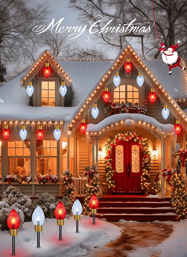 Moonflor Strawberry Jumbo C9 Christmas Lights Outdoor - 2 Pack Total 17FT 10 LED Jumbo C9 Christmas Pathway Lights Outdoor, C9 Walkway Lights, Christmas Decoration for Outside Lawn, Red & Pure White