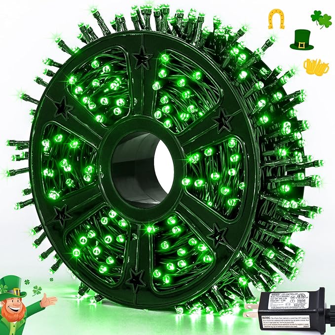 JMEXSUSS 500 LED Green St Patricks Day Lights, 8 Modes Christmas Lights Outdoor Plug in, 173ft Green String Lights for Christmas Party Xmas St Patricks Day Decorations