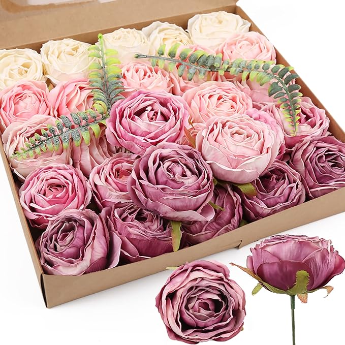 IPOPU Fake Roses 25pcs Vintage Purple Roses Artificial Flower for Decorations Colorful Artificial Roses Silk Flower Heads Bulk with Stems for Wedding Flowers Bouquet Centerpieces (Gradient Purple)