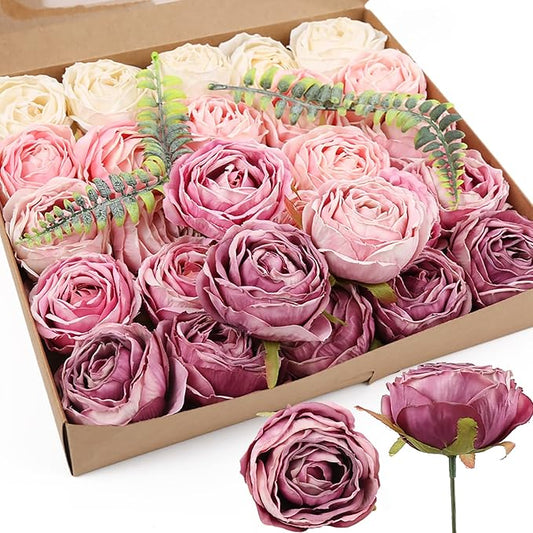 IPOPU Fake Roses 25pcs Vintage Purple Roses Artificial Flower for Decorations Colorful Artificial Roses Silk Flower Heads Bulk with Stems for Wedding Flowers Bouquet Centerpieces (Gradient Purple)