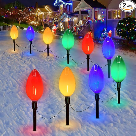 Jumbo C9 Christmas Pathway Lights Outdoor, 2 Pack 7FT C9 Christmas Walkway Lights with 4 LED Jumbo Multicolor Bulbs, Christmas Yard Decoration Lights for Outside Lawn Garden Driveway, 8 Lights