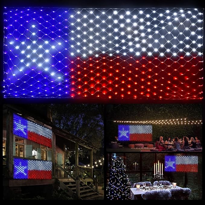 Texas Flag Net Lights Outdoor 3.3x6.6 FT - 384 LED Patriotic American Flag Decor with 8 Modes, Waterproof for 4th of July, Christmas, Yard, Porch, Parties