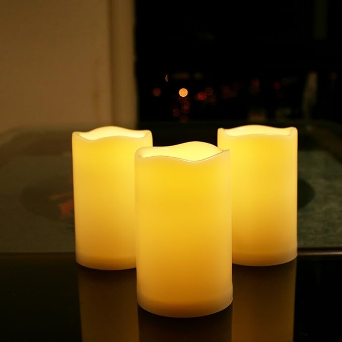 iZAN 3-Pack Outdoor Flameless LED Battery Operated Candles with Remote Waterproof Flickering Electric Pillar Candles for Halloween Chirstmas Home Wedding Party Festival Décor Long Battery Life 3”x5”