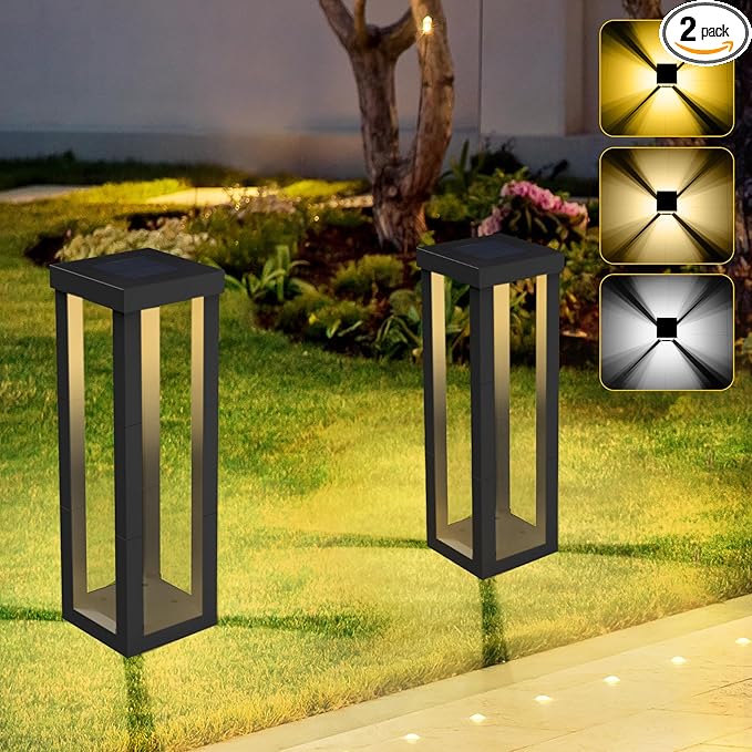 Solar Patio Floor Lamp Outdoor, 2 Pack Solar Landscape Path Lights with 3 Light Modes, Garden Decorations Waterproof 12H Endurance Cordless Landscaping for Porch Lawn Yard Backyard (Black)