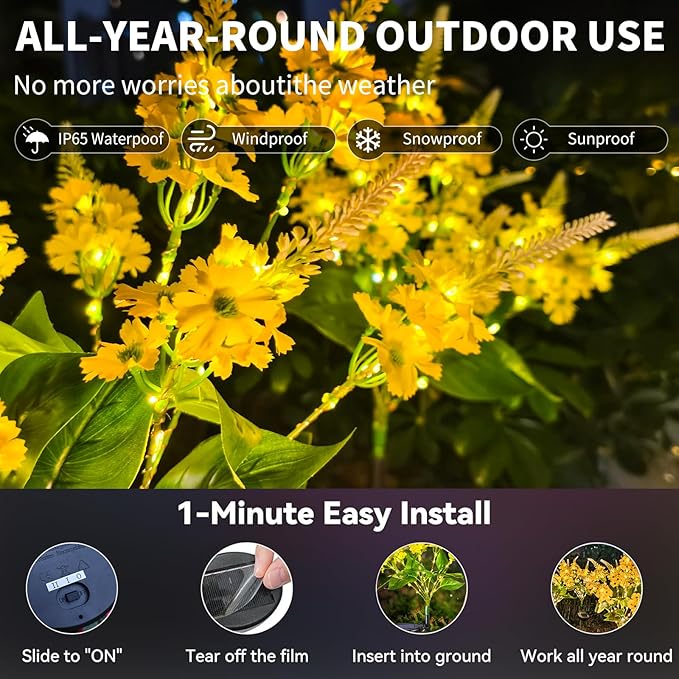 Neporal Solar Flowers Outdoor Waterproof Yellow, Decorative Garden Lights Solar Powered Dusk to Dawn, 8-Stem, 2 Lighting Modes Plants Lights for Yard, Backyard, Porch (Yellow)