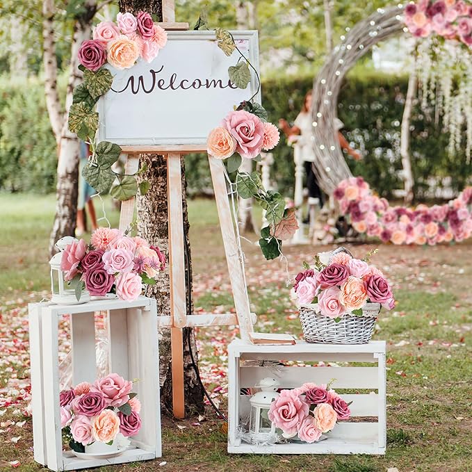 AGIRL Rose Artificial Flowers Combo Fake Flowers Pink Roses Silk Flowers with Stems for DIY Bridal Wedding Bouquets Centerpieces Arrangements Table Party Baby Shower Home Decor (Champagne Pink)