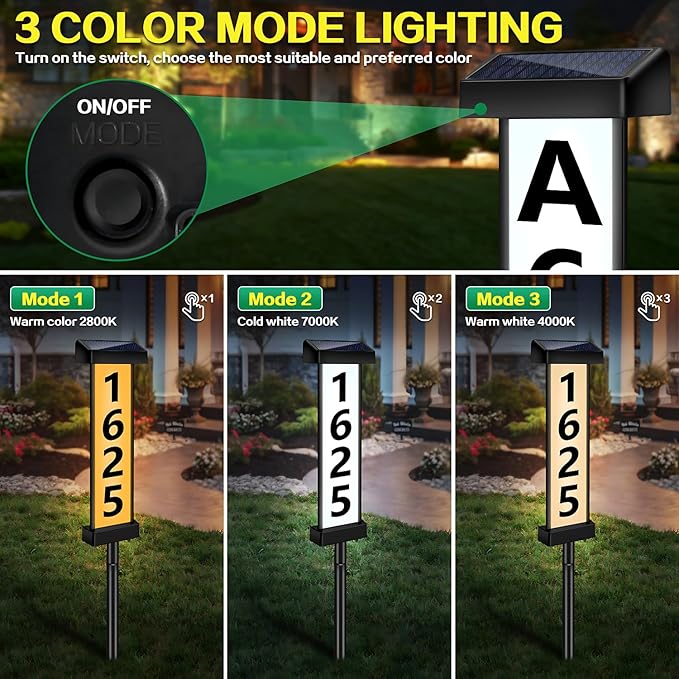 DBF Solar Address Sign, Dual-Sided House Numbers for Outside Waterproof, 3 Colors LED Illuminated Solar Powered Address Plaque with stakes, Outdoor House Number for Home Yard Garden Street