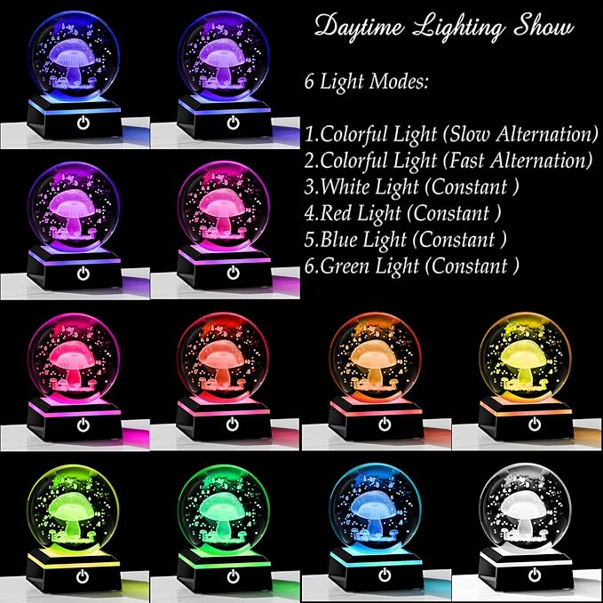 Qianwei 3D Crystal Ball Night Light - 3.14'' Mushroom Decor Glass Plants Lamp Figurines Statue for Room Decoration