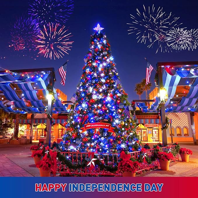 JMEXSUSS 2 Pack Red White and Blue Solar Lights 100LED 33ft Patriot Solar String Lights Waterproof, 8 Modes 4th of July Lights for Independence Day, Gardens, Tree, Outdoor 4th of July Decorations