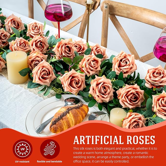 Fake Roses Faux Flowers Silk Roses 16.5In Artificial Roses with Stems Realistic Artificial Flowers Suitable for Indoor Home Decoration Diy Bouquet Wedding Decoration Party Decor 12PCS Khaki