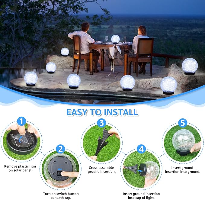 2-Pack Garden Solar Lights Outdoor, Cracked Glass Ball Light Waterproof, Decorative Solar Powered Globe Lighting Cool White for Yard Pathway