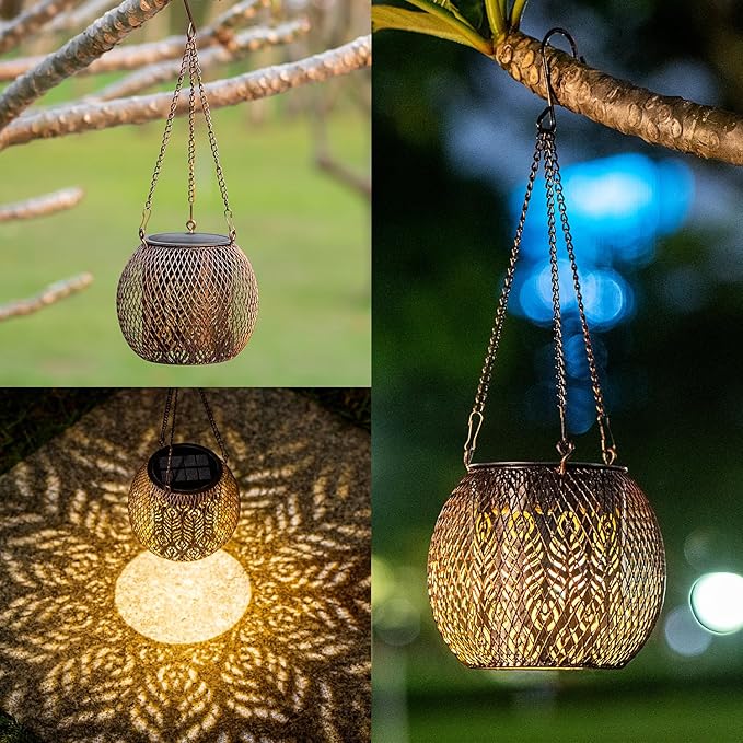 LeiDrail Solar Lantern Outdoor Waterproof Hanging Solar Lights, Metal Patio Decor for Outside Gifts for Women Men Feather Pattern Decorative LED Lanterns for Yard Lawn Pathway Garden Decor 2 Pack