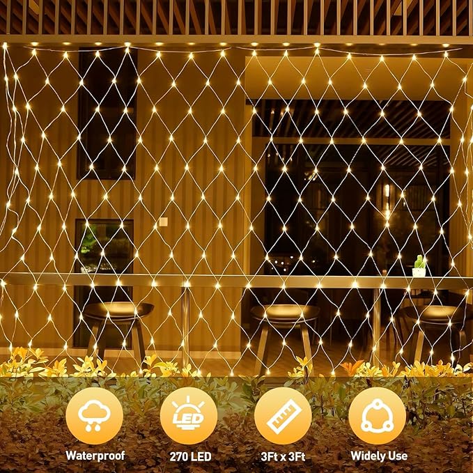Net Lights Outdoor 10x10 FT, 8 Modes Connectable Mesh Lights with Remote & Timer- Connect 3 Sets, 30×10 FT Coverage, 270 LED Christmas Warm White for Trees, Bushes, Garden, Yard Decorations
