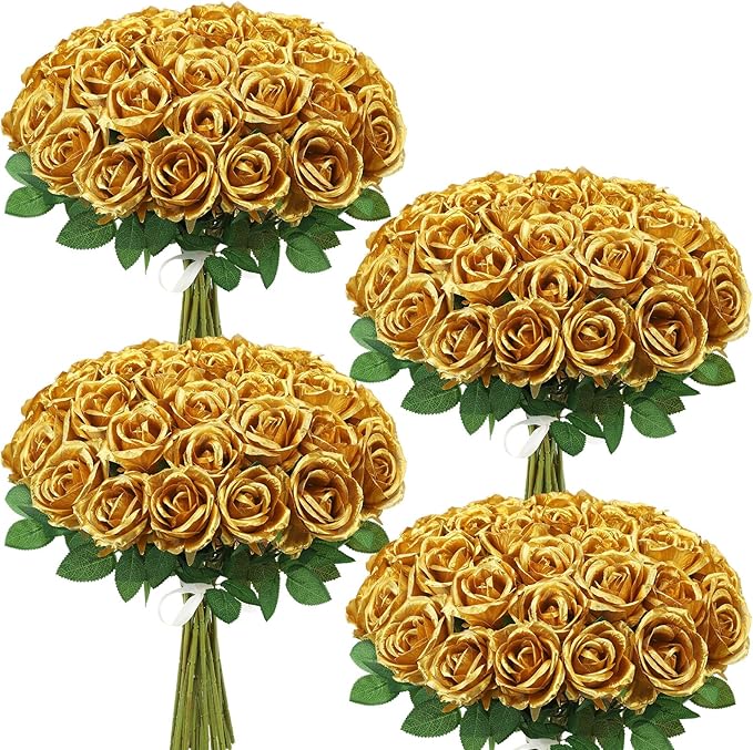 36 Pcs Gold Artificial Roses with Long Stems, Fake Silk Rose Artificial Flowers Bulk for Bridal Wedding Bouquet Centerpiece Ball Arrangement Party Decor