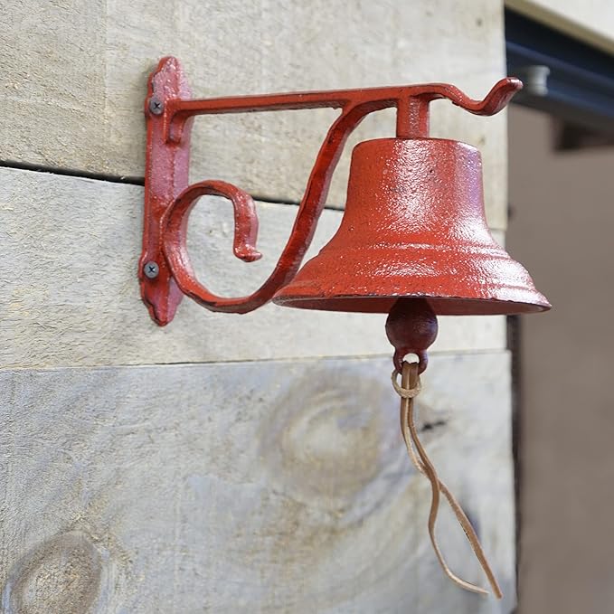 NACH Dinner Bell Outdoor, 8.5 x 5 x 6.5 inch, Antique Red Cast Iron Wall Bell, Decorative Doorbell for Outside