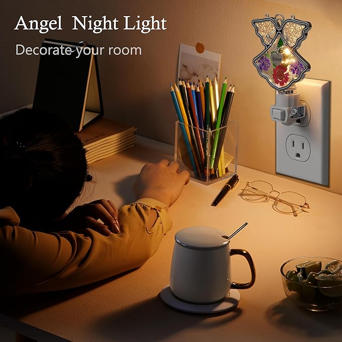 KY&BOSAM Angel Sister Night Light Flower in Glass with Metal Trim Sister Heart Night Light Nursery Bedroom Bathroom Decorative Accent Lite Elegant Home Decoration, Guardian Butte