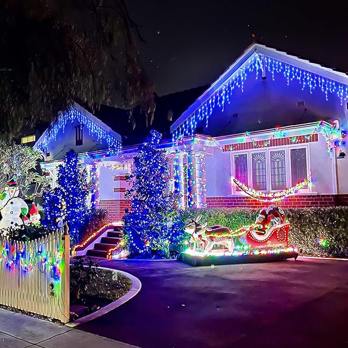 99ft Icicle Lights for Outside, Blue Christmas Lights Outdoor Indoor, 1216 LED Twinkle String Light with 228 Drops Short Curtain Lights for Thanksgiving Room Home Wall Bedroom Window Tree Decorations
