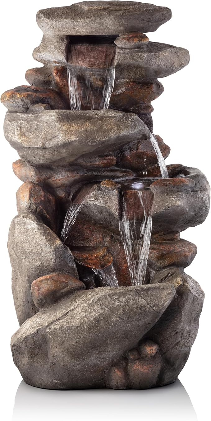 Alpine Corporation WIN316 40" Floor Fountain – 4-Tiered Rock Water Feature with Cascading Streams & White LED Lights – Tranquil Outdoor Décor for Garden, Patio, Yard, Deck, or Porch, Light Gray